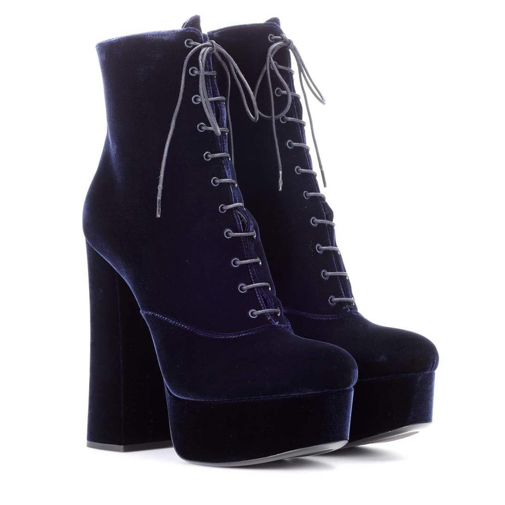Prada 38.5 Velvet Platform Boots Navy Blue Lace Up Ankle Chunky Boot Shoes
